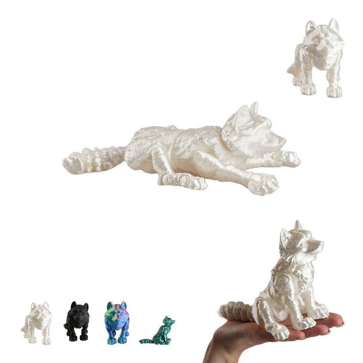 Flexi Wolf 18 cm, 3D Printed Articulated Wolf Figure, Desk Fidget Toy – Silk White