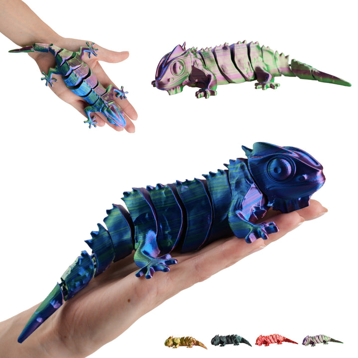 Beweegbare Kameleon XL 24 cm – 3D-geprinte Flexi Hagedis, Fidget Toy, 4 Kleuren – blauw-groen-violet