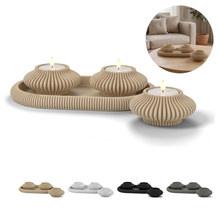 Portavelas LED 3 unidades con bandeja estriada, set decorativo japandi – Beige