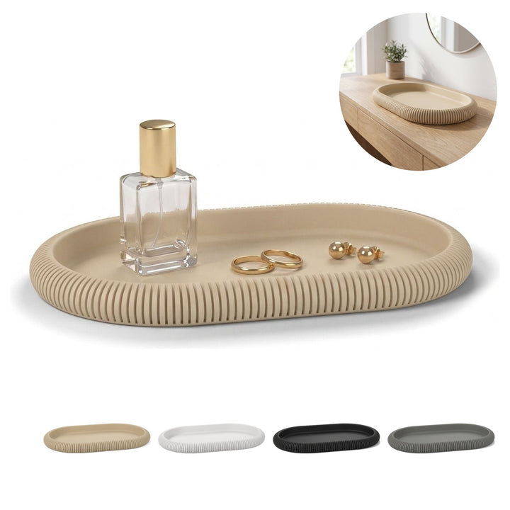 Bandeja decorativa ovalada estriada Japandi para joyas, llaves y perfumes – Beige