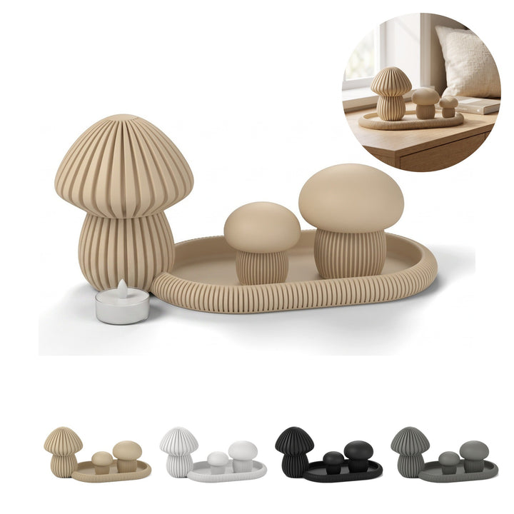 Setas decorativas 3 uds con bandeja estriada, farol LED, decoración japandi – Beige