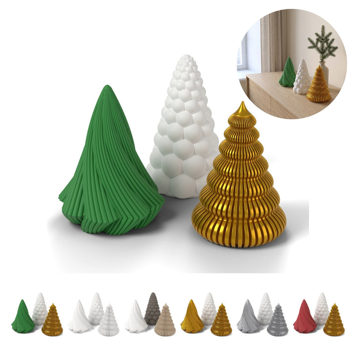 Decoratieve kerstboompjes set van 3: gedraaid, bubbel en LED-kegel, 15 cm, PLA – Green
