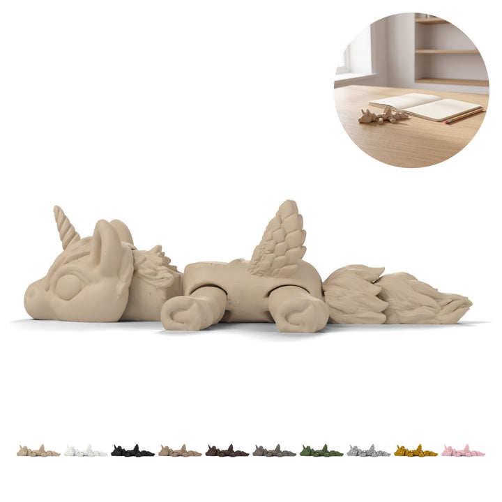 Unicorn înaripat flexi 14,1 cm, mini figurină articulată, fidget imprimat 3D – bej
