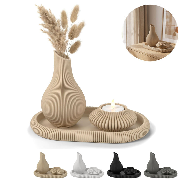 Set decorativo jarrón bandeja y portavelas LED estriado estilo japandi salón – Beige