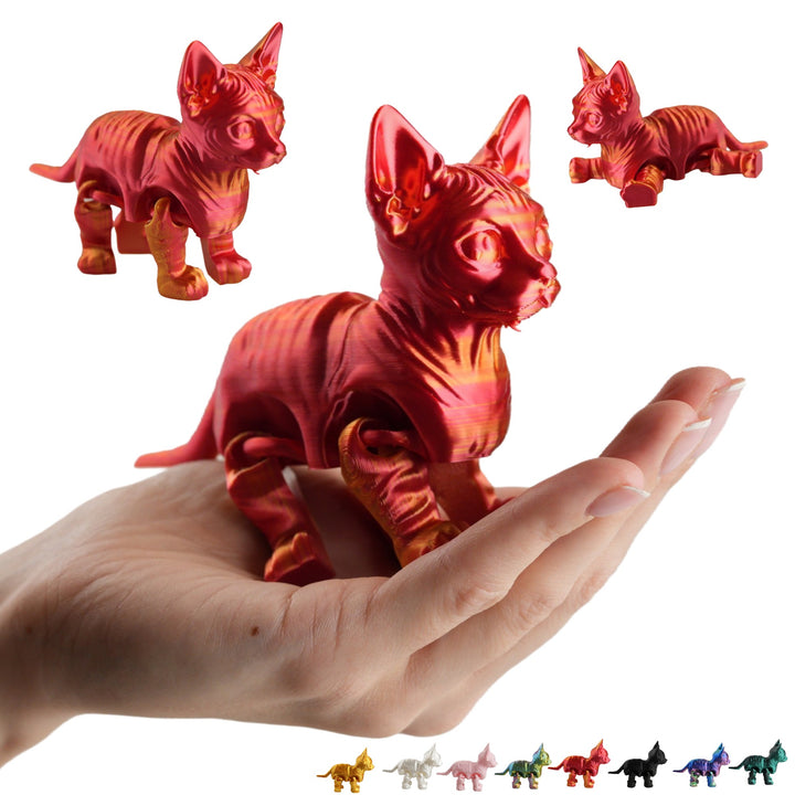 Figurka kota sfinks 3D 13 cm, ruchomy kot przegubowy print-in-place, PLA – czerwono-złoty