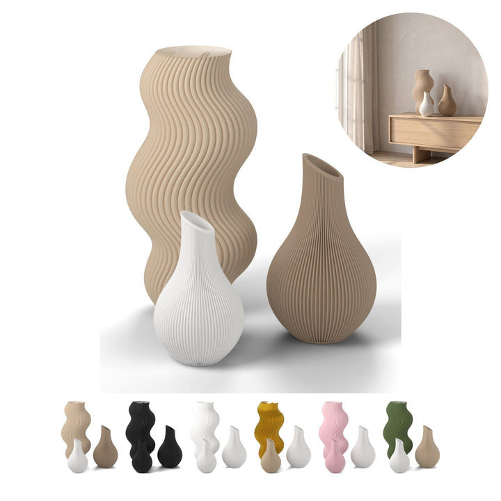Zestaw 3 wazonów dekoracyjnych 18,4 cm, żebrowane, z PLA, 6 miksów kolorów – beżowy