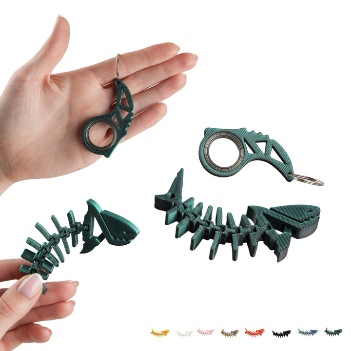 Set de llaveros impresos en 3D: esqueleto de tiburón flexible 12 cm + mini – negro-verde