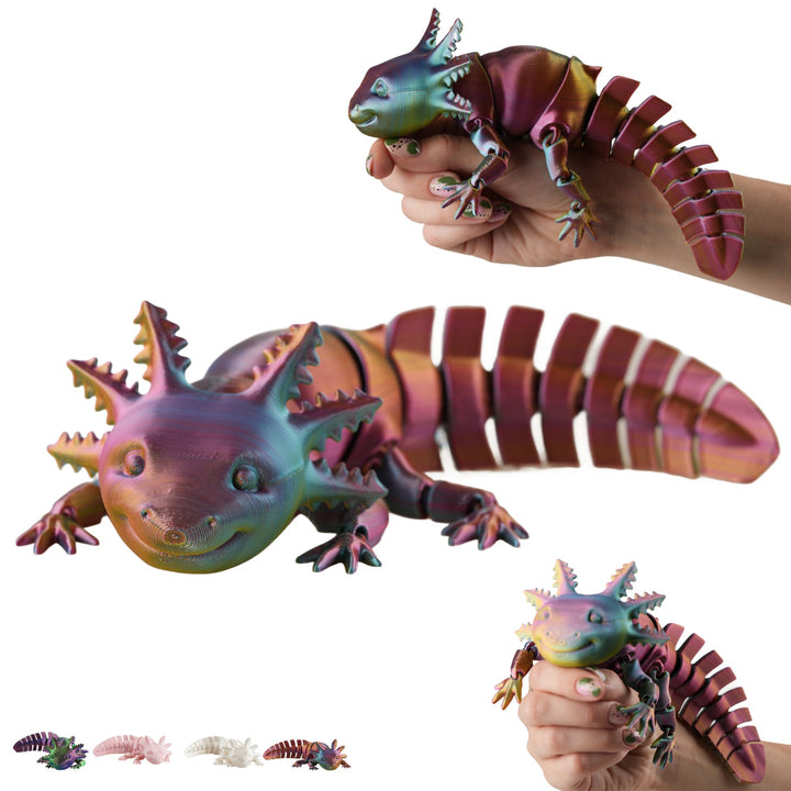 Flexi axolotl 25 cm, beweegbaar axolotl-figuur uit de 3D-printer, fidget voor op het bureau – rood-geel-groen