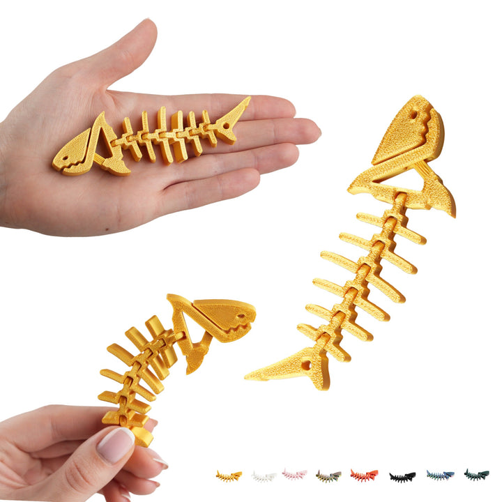 Breloc rechin flexibil 12 cm, schelet rechin articulat printat 3D, fidget – auriu