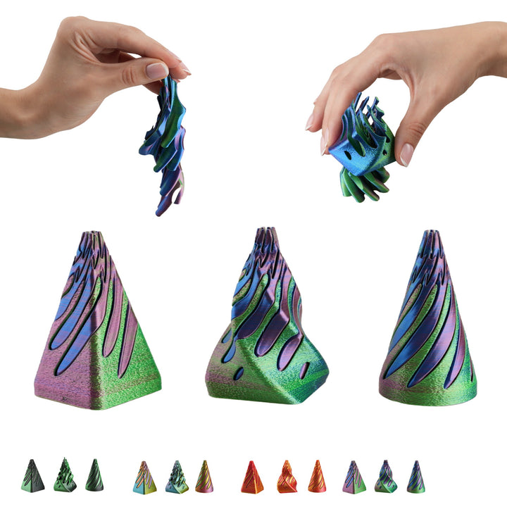 Set 3 fidgets Impossible Cone - cono espiral y piramide passthrough – azul-verde-violeta