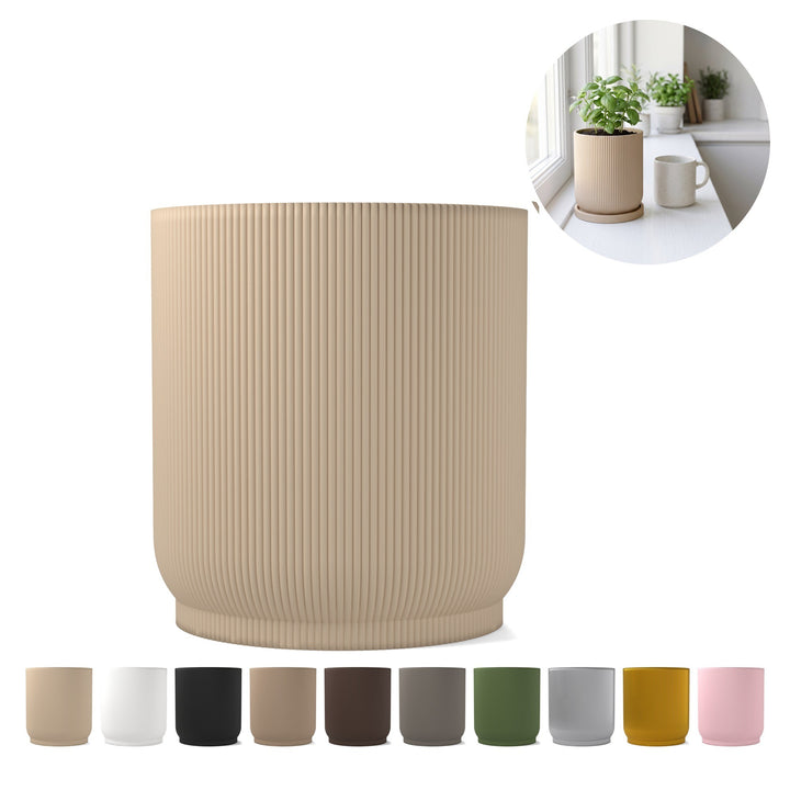 Bloempot met schotel geribbeld 10,7 cm, afwateringsgat, 3D-geprint PLA – Beige