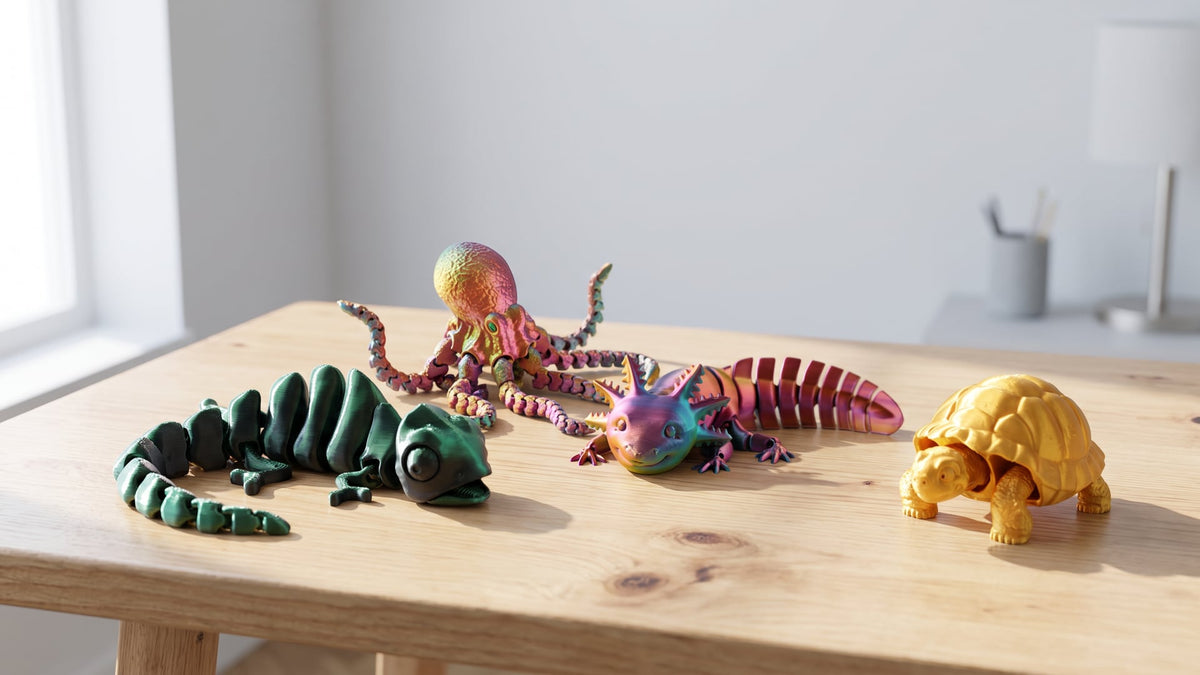 Articulated 3D printed animals from Kahaus: axolotl, chameleon, octopus and tarantula in different poses