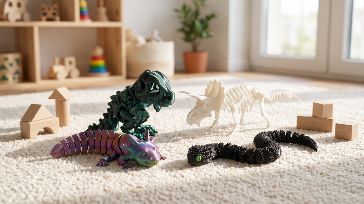 3D printed articulated T-rex skeleton, triceratops kit, flexi axolotl and snake figures from Kahaus
