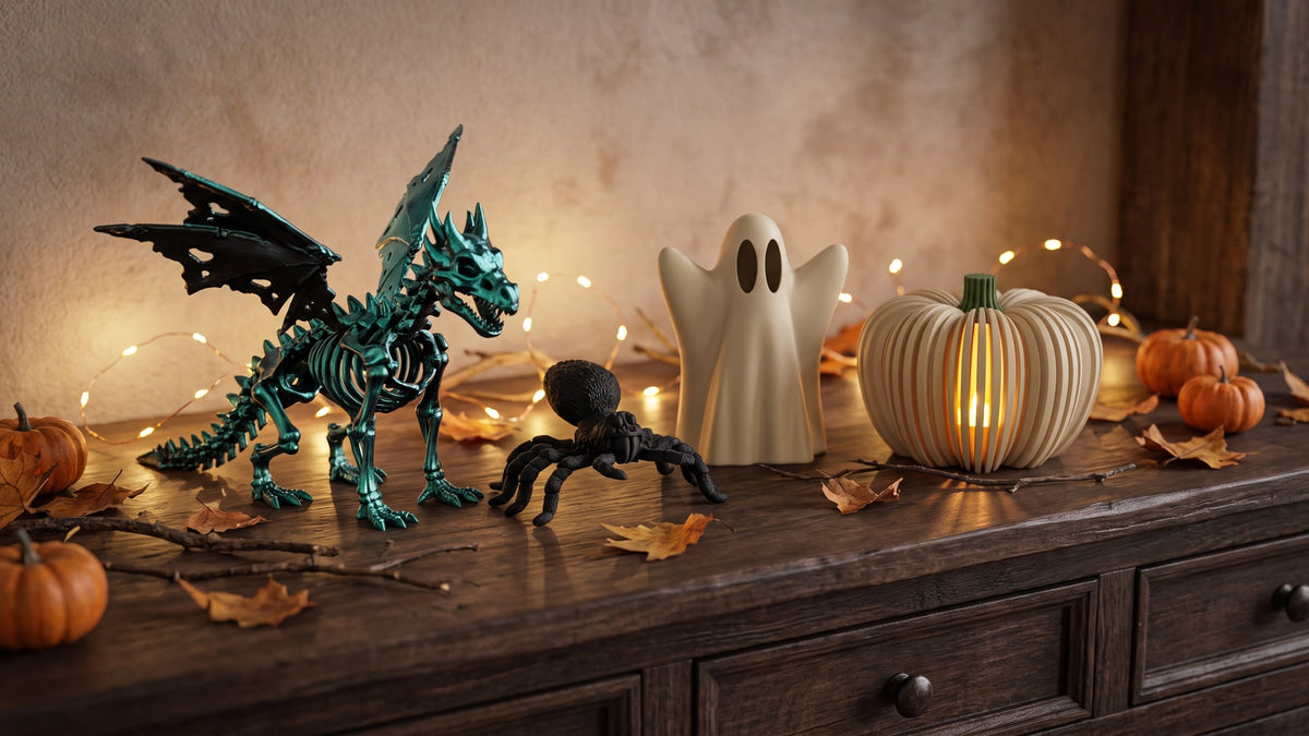 3D printed Halloween decorations from Kahaus: skeleton dragon, ghost, skull and ribbed pumpkins for LED tealights
