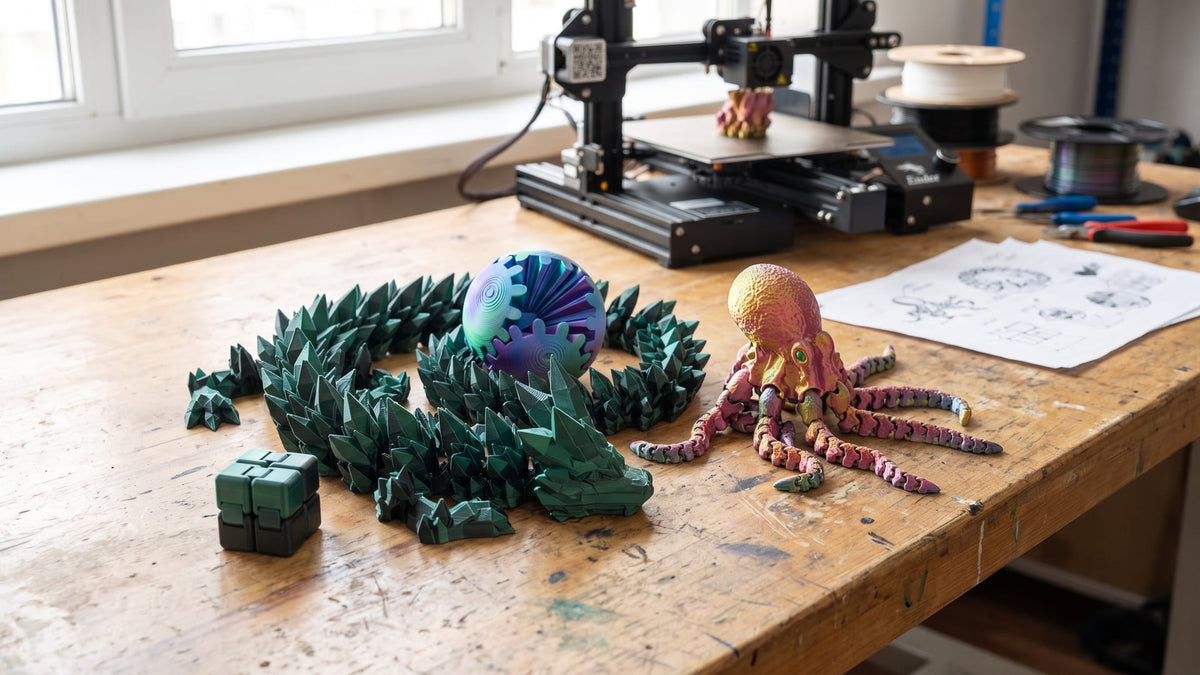 3D printed toys from Kahaus: large articulated dragon, gear ball and impossible cone fidget in rainbow silk PLA