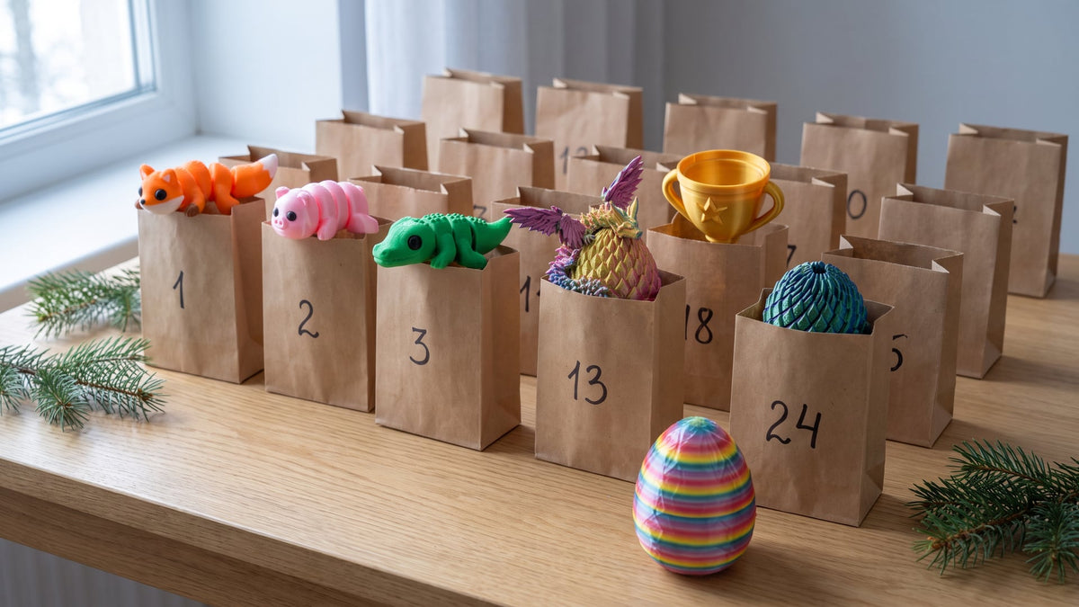 Home-made advent calendar of numbered kraft paper bags on a wooden table, with 3D printed mini animals, a winged dragon egg, a dragon egg fidget, a gold trophy and a striped egg peeking out
