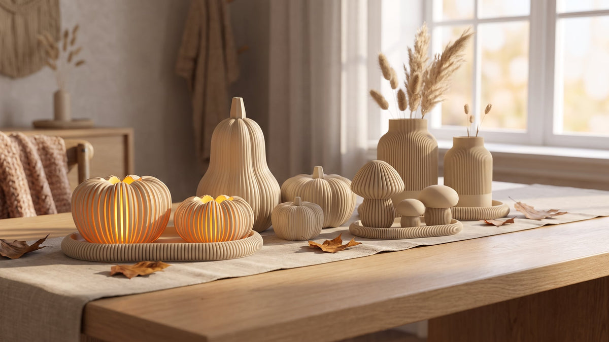 Beige 3D printed autumn table decor on an oak table: glowing pumpkin lantern on a ribbed tray, ribbed pumpkins, three mushrooms and vases with dried pampas grass