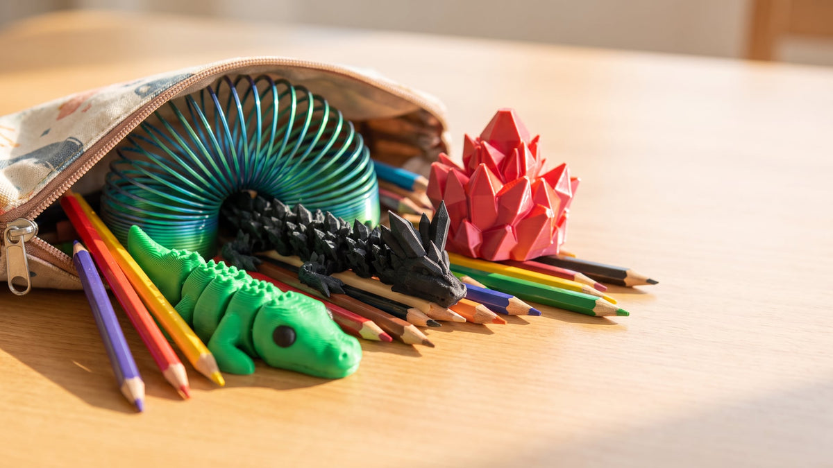 Small 3D-printed gifts for school kids: quiet fidgets, a mini animal figure and a dragon egg fidget next to a pencil case