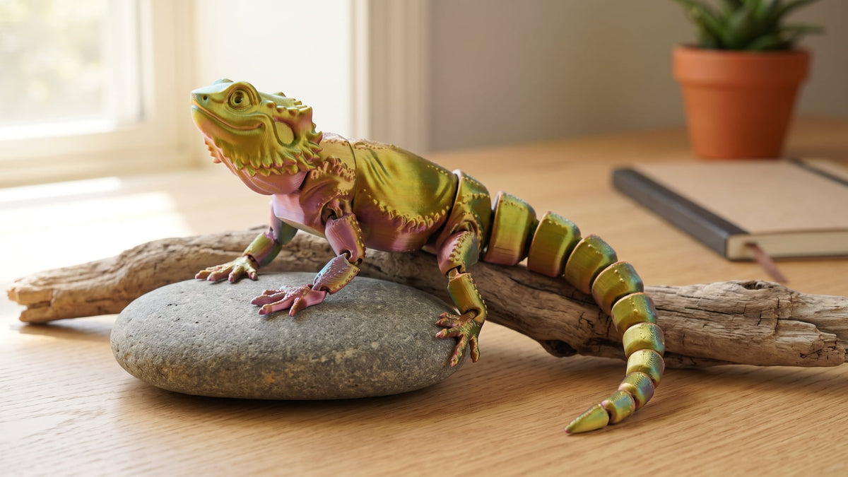 Articulated 3D-printed bearded dragon figure in gold-green and pink silk PLA standing on a grey stone and a driftwood branch on a light oak desk, lit by window light