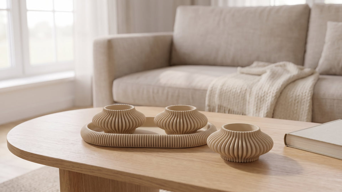 Beige ribbed oval tray with two empty ribbed tealight holders and a third holder beside it on a light oak coffee table, linen sofa and knit throw blurred behind