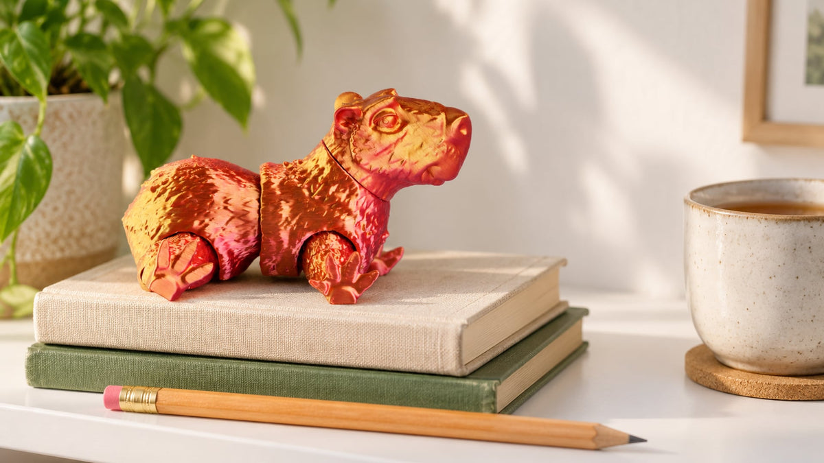 Articulated 3D-printed capybara figure in red-gold silk lying calmly on a stack of two books on a white shelf, a pencil in front for scale, a cup of tea and a green plant nearby
