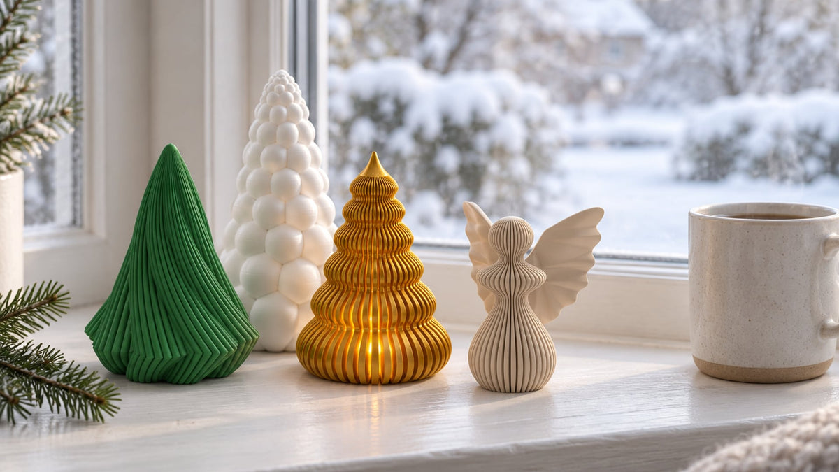 Three small 3D-printed Christmas tree figurines (green twisted, white bubble, gold LED cone glowing softly) and a beige angel on a white windowsill, snowy garden behind the glass, spruce sprig and mug