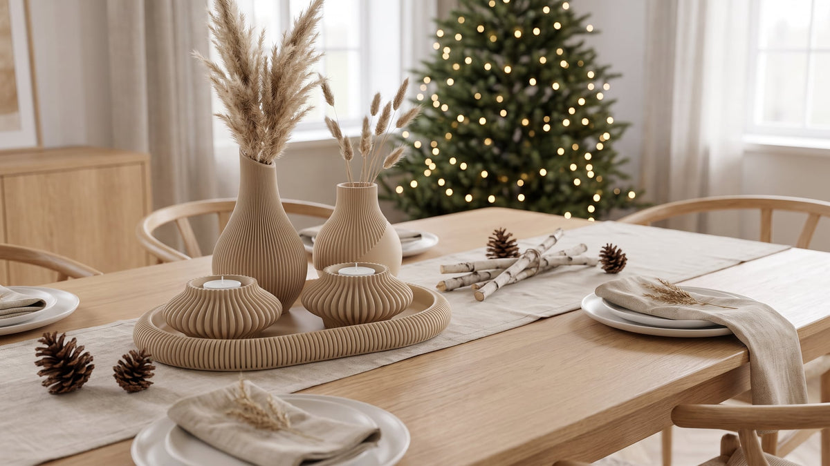 Scandinavian Christmas table: 3D printed ribbed tray with two tealight holders and ribbed vases with dried pampas grass on a linen runner, pine cones, tree in the background