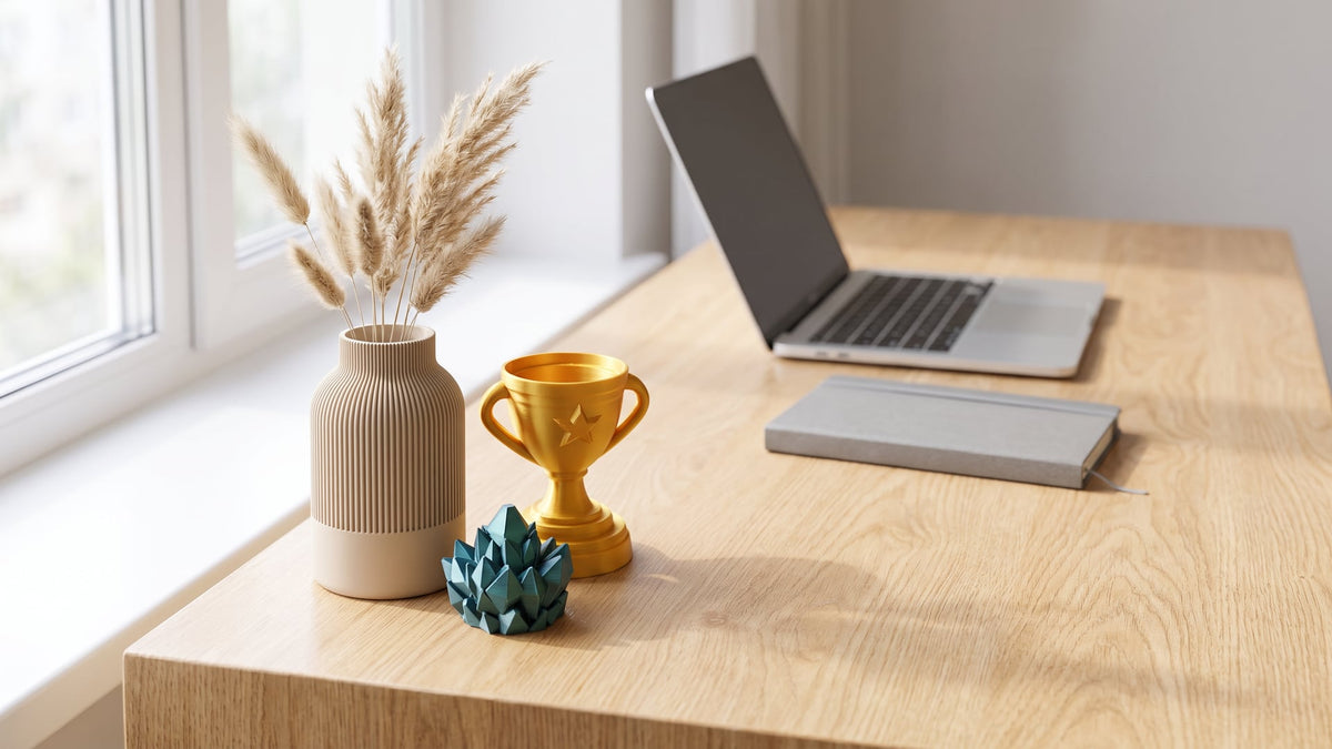 Light oak home-office desk by a window with a small beige ribbed vase holding dried pampas stems, a gold 3D printed mini trophy cup and a teal crystal spinner fidget; laptop and notebook behind
