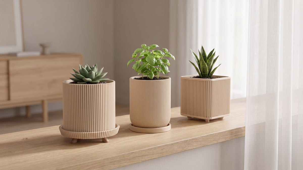 Three beige ribbed 3D-printed planters on a light oak windowsill by a sheer curtain: a round pot cover on legs with a succulent, a pot on a saucer with basil and a square cover on legs with a snake plant