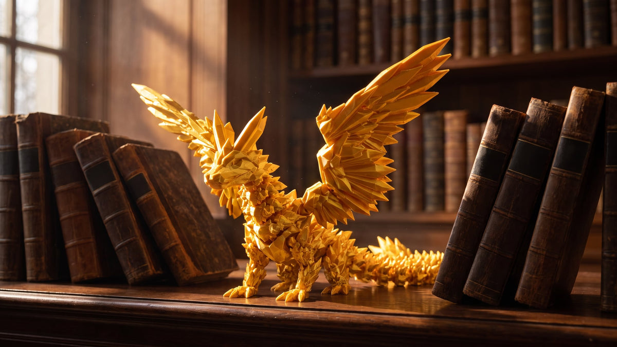 A gold 3D-printed winged dragon with spread wings and a long segmented tail stands on a dark wooden bookshelf between old leather-bound books, lit by warm side light from a window.