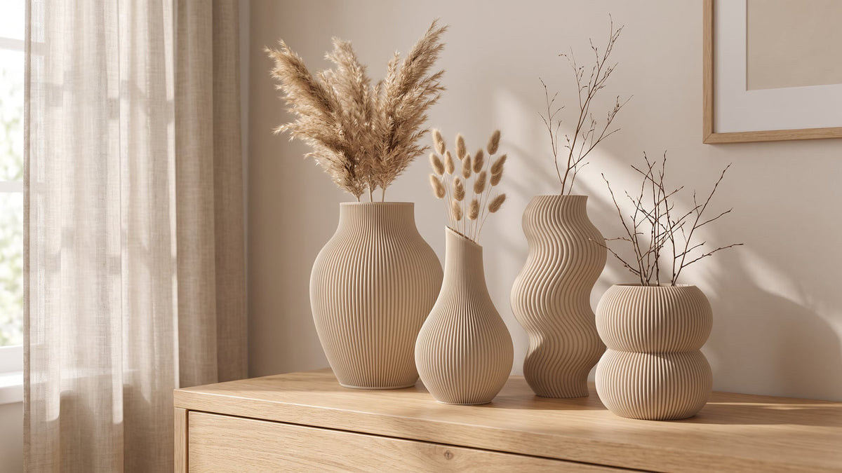 Four beige ribbed 3D-printed vases (Tayo, Shizu, Wavy and Bubble) with dried pampas grass, bunny-tail grass and bare twigs on an oak sideboard in a Japandi living room