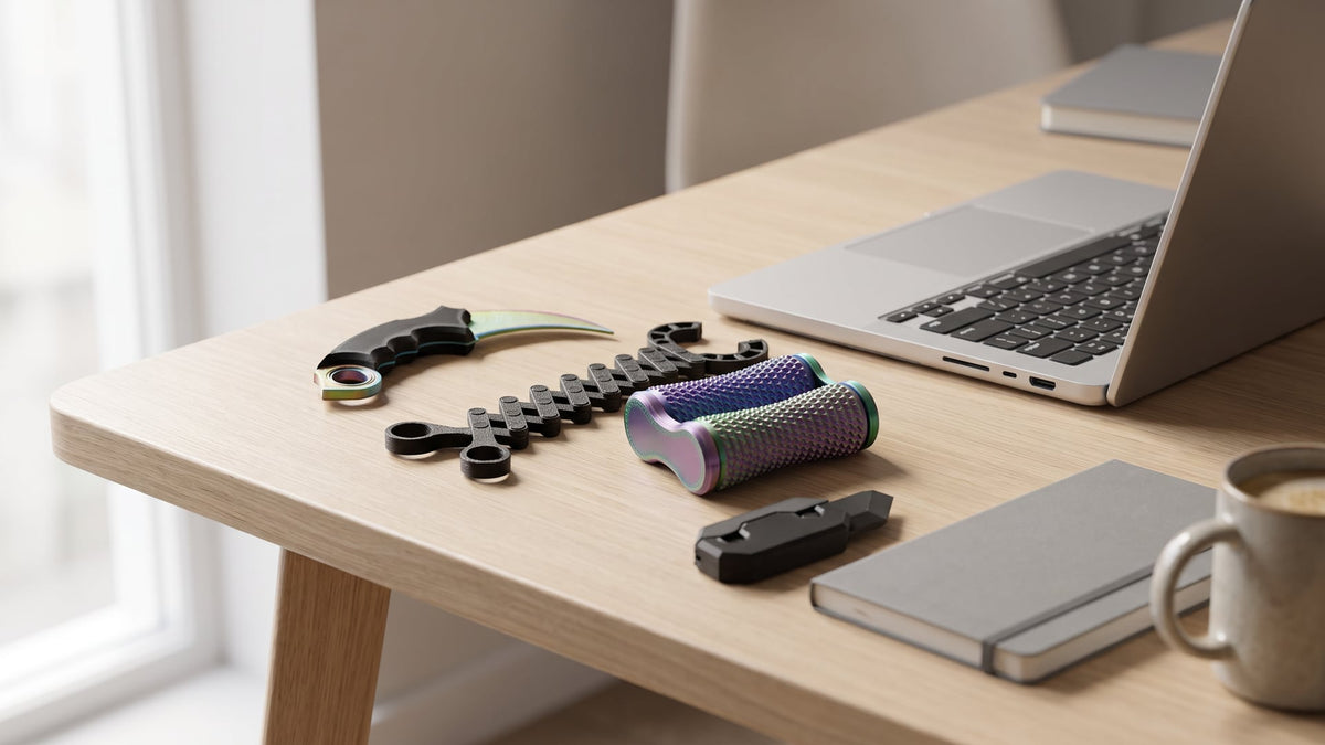 Fidget toys for adults on an office desk: 3D printed Infinity Cube, Karambit Spinner without a blade and Impossible Cone