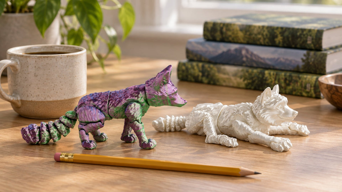 Articulated 3D-printed fox in purple-green silk standing next to a pearl-white articulated wolf lying on a light oak desk, a pencil in front for scale, a mug and nature books behind