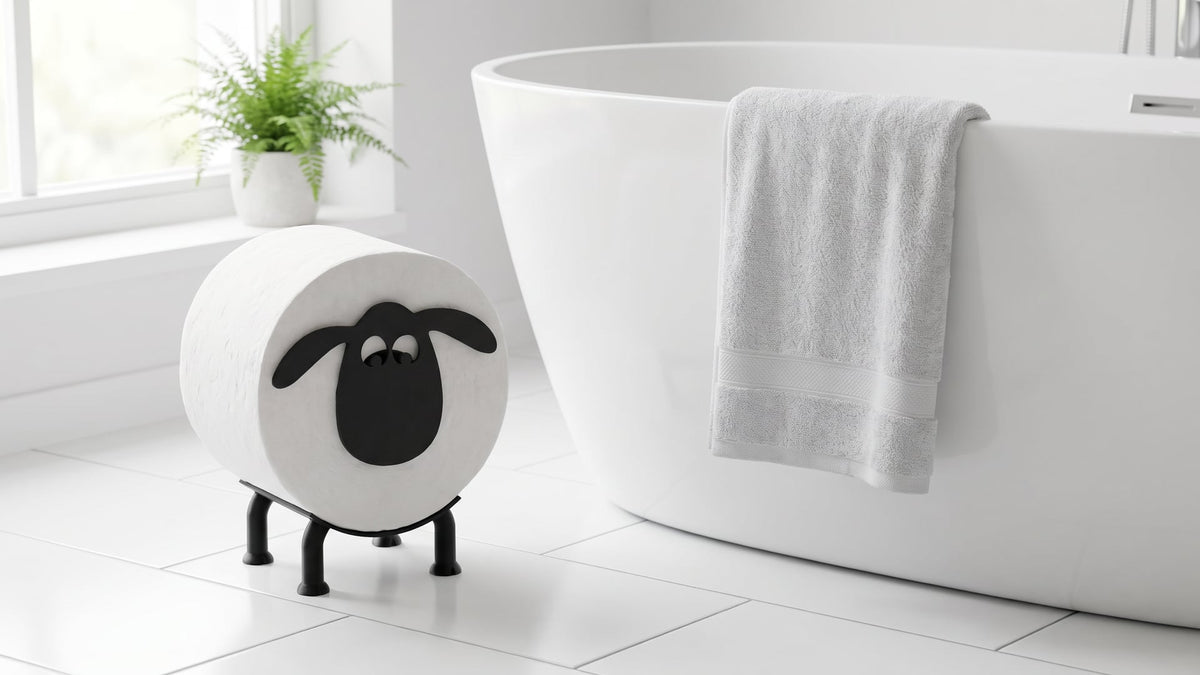Black and white sheep toilet paper holder with a white roll as its woolly body, standing on white floor tiles beside a freestanding bathtub with a light grey towel and a fern by the window