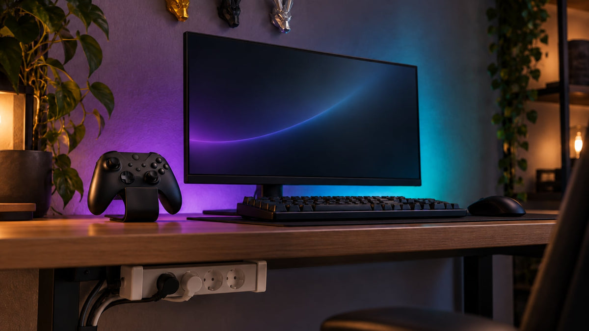 Gaming desk in the evening: a black controller on a small black 3D printed stand, three small dragon head wall trophies above the monitor, a power strip held under the desktop, cables hidden, soft LED glow