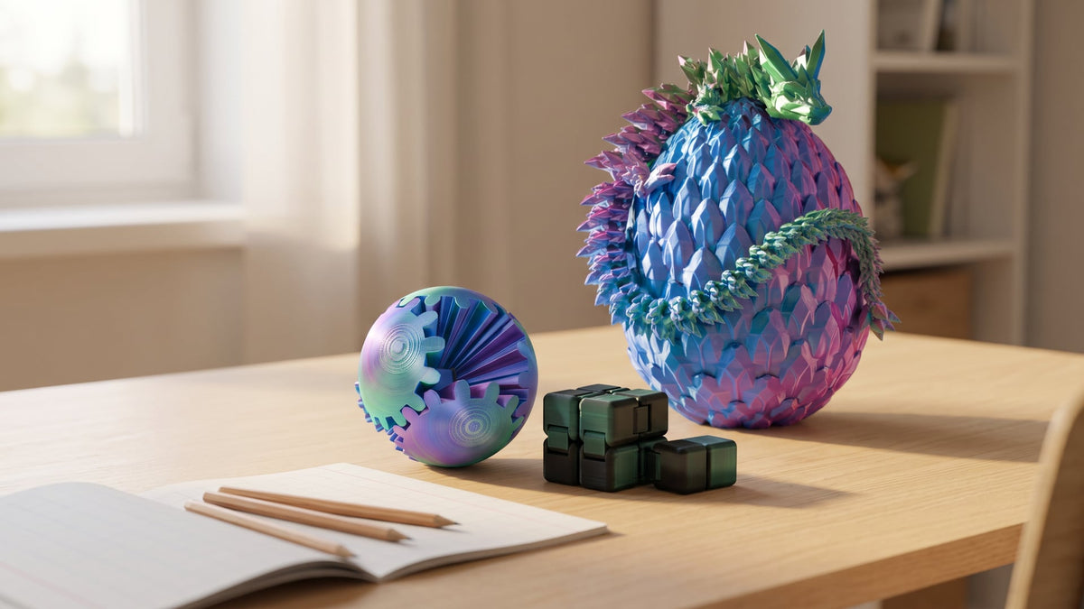 Homework desk with an open exercise book, a blue-green-violet Gear Ball, a black-green Infinity Cube and a 36 cm dragon curled around its large scaled egg