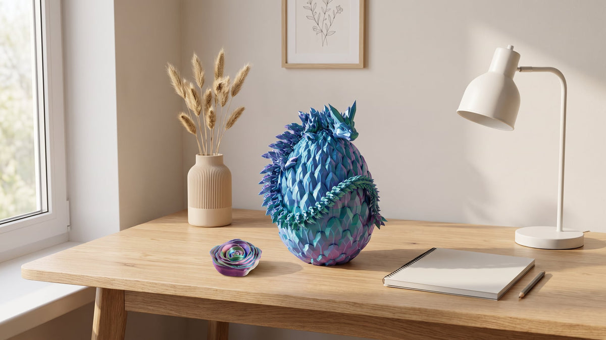 Light oak desk by a window with a blue-green-violet dragon wrapped around its scaled egg, a matching rose-shaped spinner, a small beige ribbed vase with dried grass, a sketchbook and a white lamp