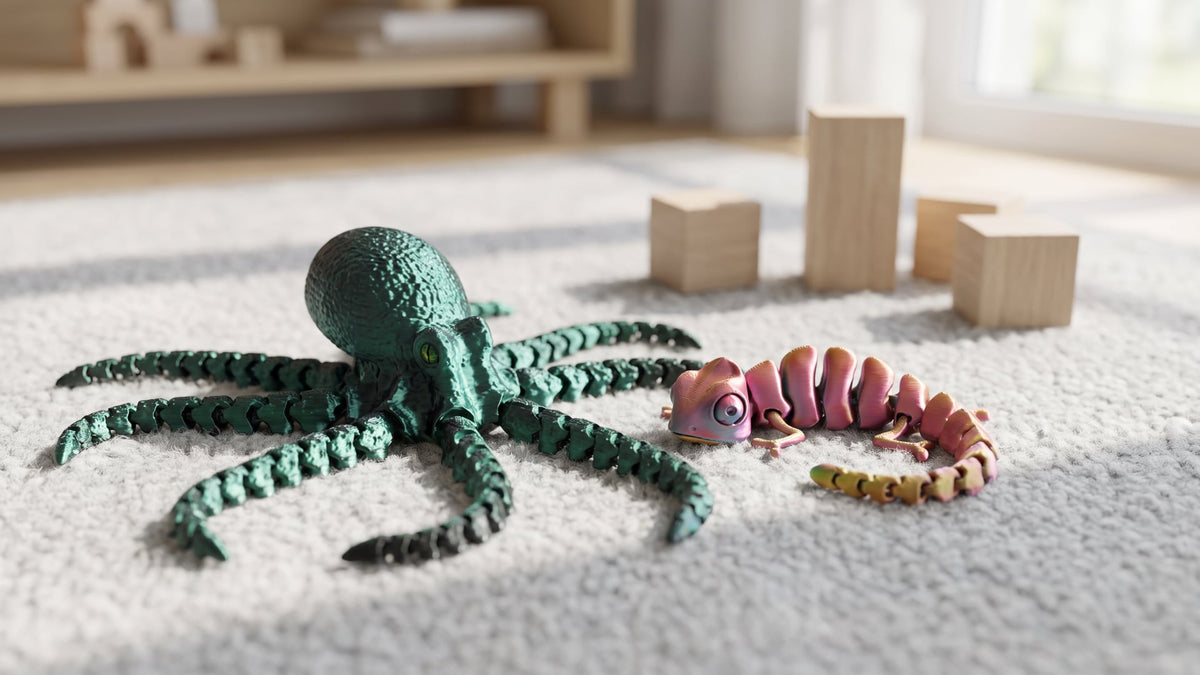 Articulated 3D printed green octopus and pink-gold chameleon lying on a soft rug in a bright children's room, wooden blocks and a low shelf in the background