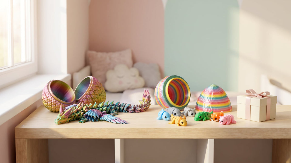 Pastel children's room shelf with an articulated winged dragon beside its opened egg, a rainbow-striped surprise egg with small animal figures and a cream gift box with a pink ribbon
