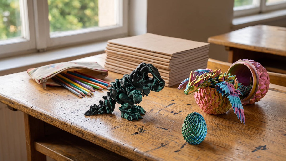 A T-Rex skeleton figure, a winged dragon hatching from its egg and a small dragon egg fidget on a school desk with exercise books and coloured pencils