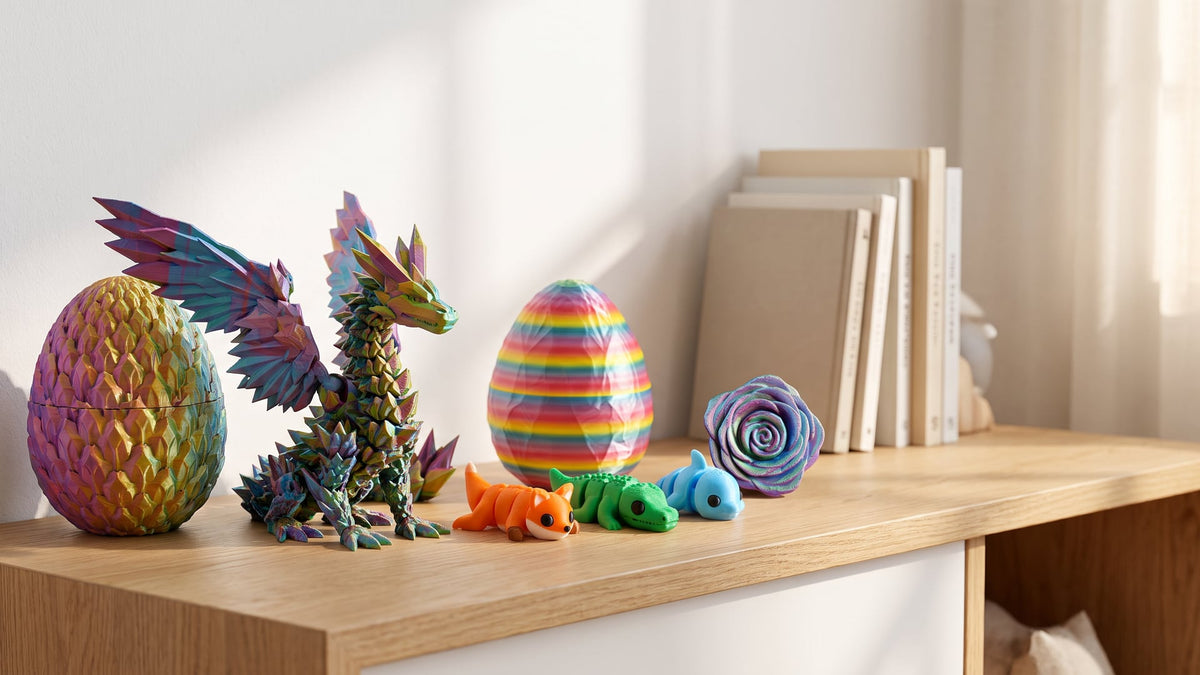 Shelf in a bright child's room with a 3D printed winged dragon beside its egg, a rainbow surprise egg with mini fox, crocodile and dolphin figures, and a rose spinner