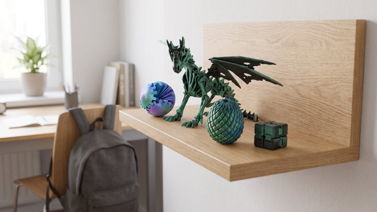 3D printed skeleton dragon in black-green on a wooden wall shelf with a gear ball, a closed dragon egg fidget and an infinity cube, a grey backpack on a chair in a bright teenager's room