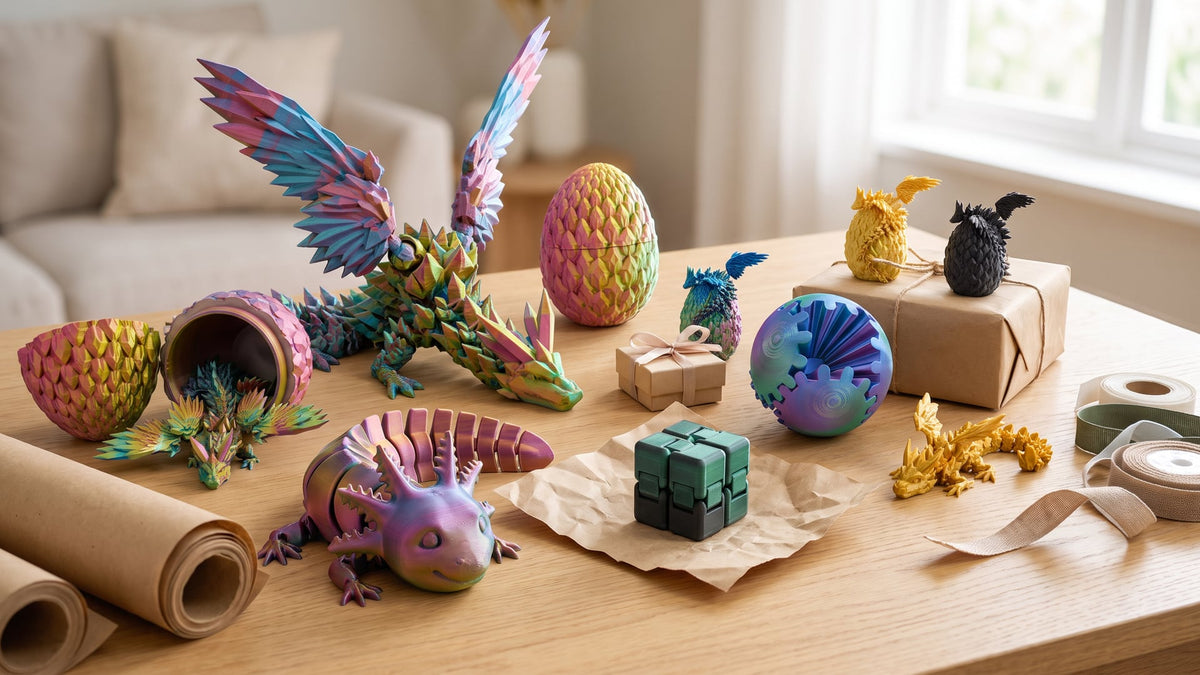 3D printed gifts for children aged 6 to 12: winged dragon in an egg, gear ball and articulated skeleton dragon