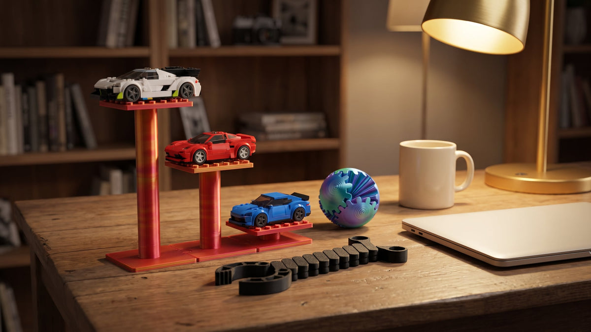 Gifts for dad on a wooden home-office desk at evening lamp light: 3D printed red-gold three-level display stand with brick-built model cars, Gear Ball and a folded black Claw 2 gadget next to a mug and a closed laptop