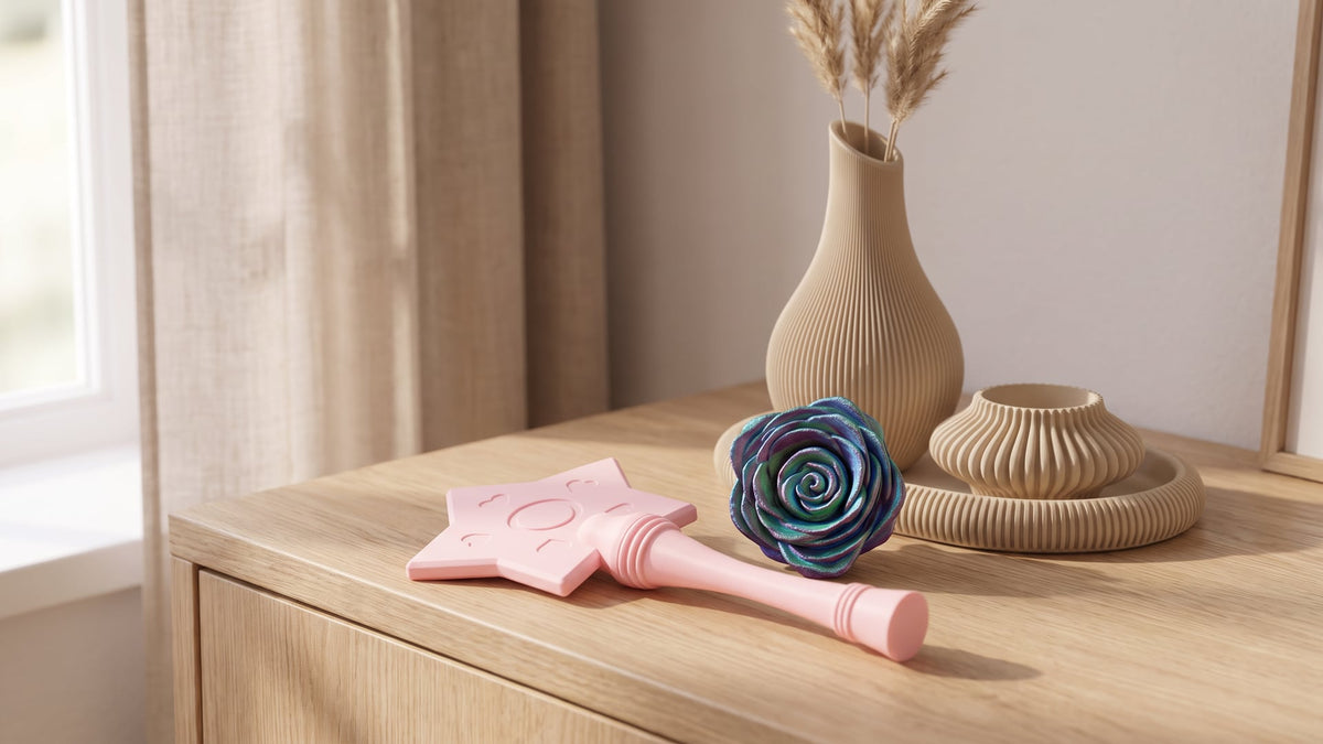 Pastel pink star wand, an iridescent rose spinner and a beige ribbed vase with dried pampas, a tealight holder and an oval tray on a light oak dresser by a linen curtain
