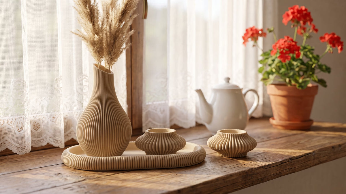 3D printed ribbed vase with dried pampas grass on an oval tray and ribbed tealight holders on a wooden kitchen windowsill with lace curtains, teapot and geranium