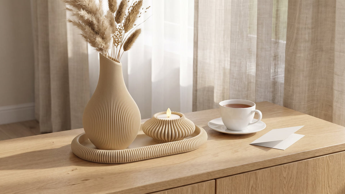 Gifts for mum: beige ribbed vase with dried pampas, oval ribbed tray and LED tealight holder on an oak sideboard, next to a cup of tea and a blank card in soft morning light