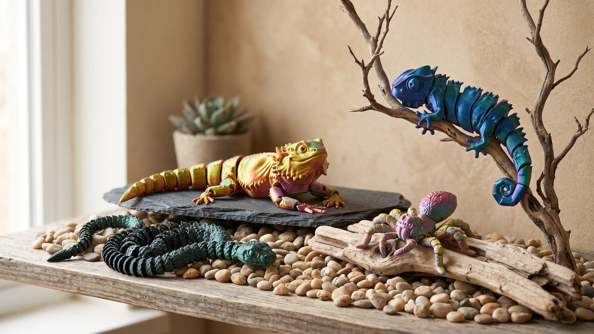 Articulated 3D printed reptile figures on a wooden shelf with pebbles: a red-yellow-green bearded dragon on slate, a blue-green-violet chameleon on a dry branch, a black-green snake and a tarantula on driftwood