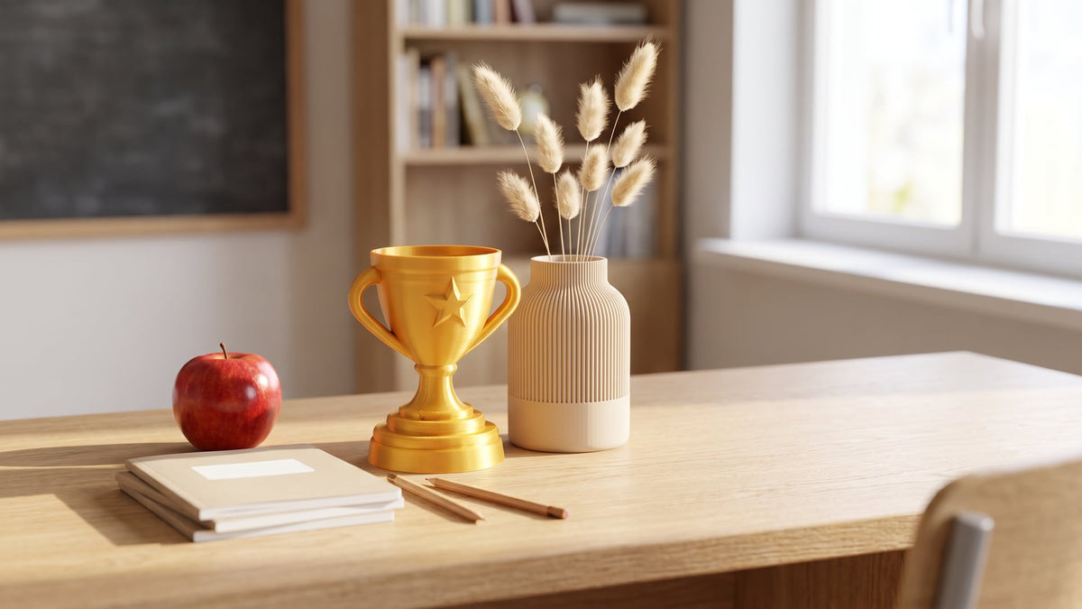 Teacher's desk by a classroom window: a gold 3D printed mini trophy cup with a star, a small ribbed beige vase with dried bunny-tail grass, a red apple, exercise books and pencils
