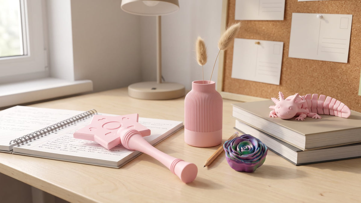 Sakura pink star wand card holder on an open notebook, a pink ribbed vase with dried grass, an iridescent rose spinner and a pink flexi axolotl on books on a teenager's study desk